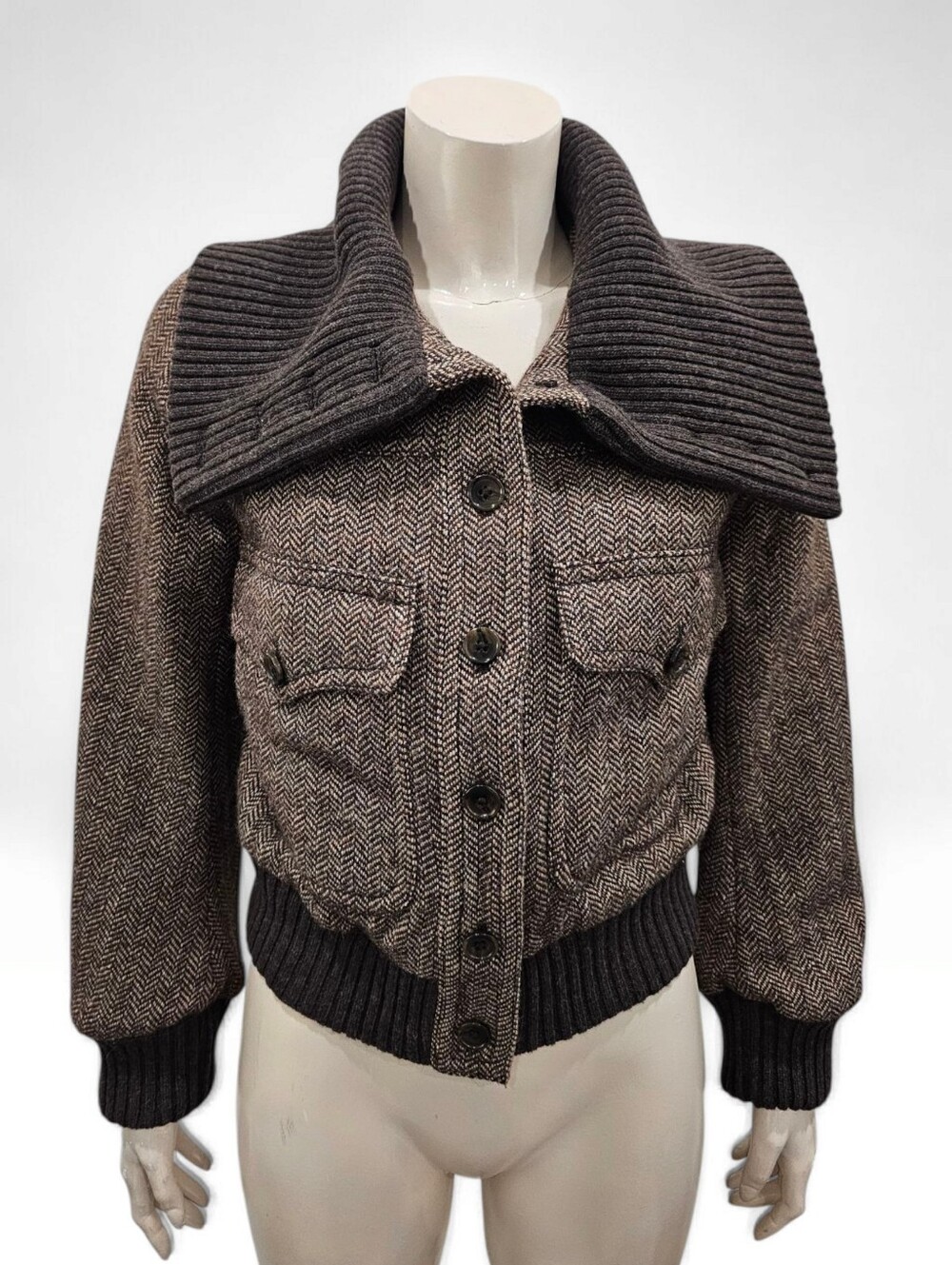 BANANA REPUBLIC Women Ava Tweed Brown Herringbone Wool Blend Bomber Jacket XS